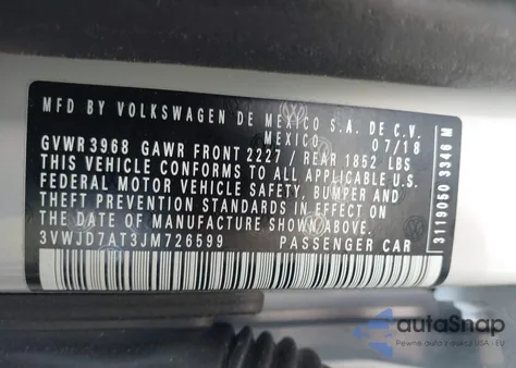 2018 Volkswagen Beetle 2.0T Se z USA, uszkodzony, nr VIN 3VWJD7AT3JM726599